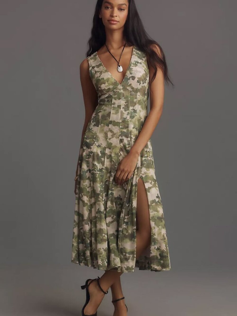Pilcro Anthropologie Women's Seamed V-Neck Mesh Dress in Green Print Size Large